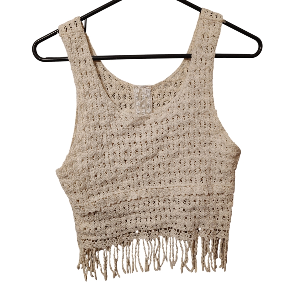 Sadie & Sage Women's Size One Size Cream Crochet Fringe Cropped Tank Top